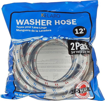 Premium Stainless Steel Washing Machine Hoses with 90 Degree Elbow, 12 Ft Burst Proof (2 Pack) Red and Blue Striped Water Connection Inlet Supply Lines