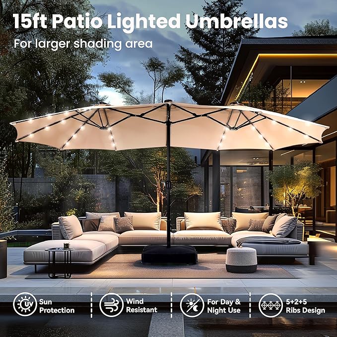 PHI VILLA 15ft Large Patio Umbrella with Base & Solar Lights, Double-Sided Outdoor Rectangle Umbrellas with 36 LED Lights, Umbrella for Outside with Stand, Beige