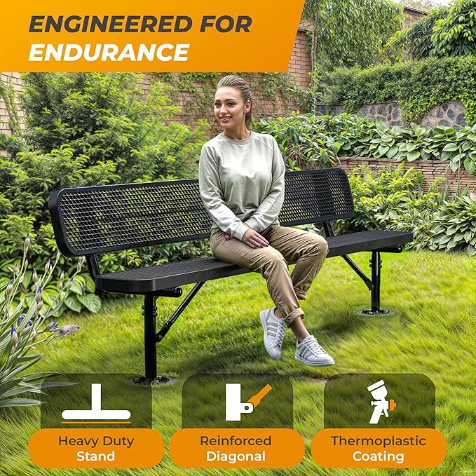 Heavy-Duty Outdoor Metal Bench, Thermoplastic-Coated, Surface, Weatherproof, Commercial-Grade for Parks, Gardens, Patios, Stores & More (8 Ft - Surface with Back, Black)