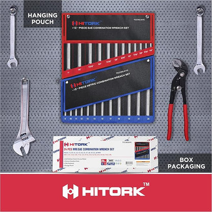 Hitork 24-Piece Combination Wrench Set, SAE (1/4"–1") & Metric (8–24mm), Cr-V Steel, Mirror Chrome Finish, 12-Point Box End, 15° Offset, with Roll Pouch – Ideal for Home, Garage & Auto Repair