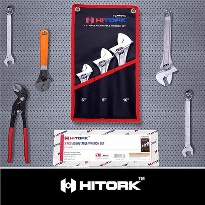 Hitork 3-Piece Adjustable Wrench Set 6-Inch, 8-Inch, 10-Inch, Chrome-Plated Cr-V Steel, Wide Opening Jaws, Laser Etched SAE & Metric Scale, Polished Head, Smooth Knurl, Roll Pouch Included