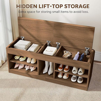 Shoe Storage Bench, 47.2in Entryway Bench with Flip-Open Storage Box, 2 Tier Shoe Rack Organizer with Shelf, Entryway Cabinet for Hallway Living Room Bedroom, Walnut
