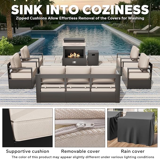 Aluminum Outdoor Conversation Furniture Set with Furniture Covers & 6" Cushions- Patio 79" Sofa with 4 Chairs & 63" Steel Propane Fireplace, 50,000 BTU Fire Pit with CSA Certified (Grey)