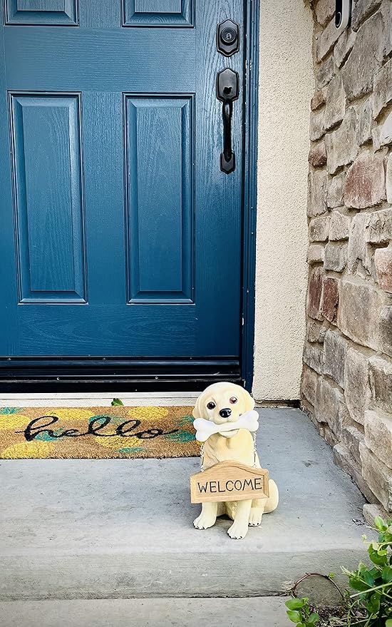 Nature's Mark Labrador Retriever Dog Puppy Statue with Reversible Welcome Sign and Go Away Sign Resin Garden Decor 12" H