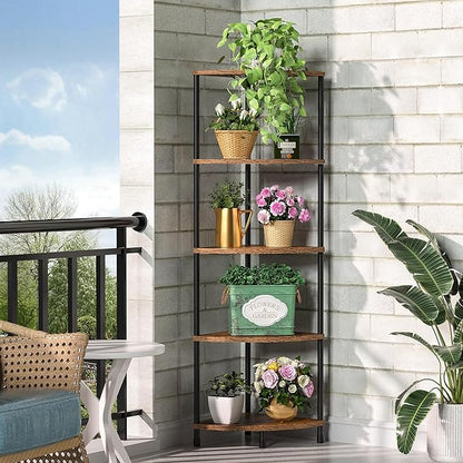 Corner Plant Stand Shelf, 5 Tier Tall Shelf Plant Stand for Indoor Plants, Rustic Brown Corner Bookshelf Wall Decor Living Room, 44.1" Display Shelf for Bedroom, Bathroom, Small Space