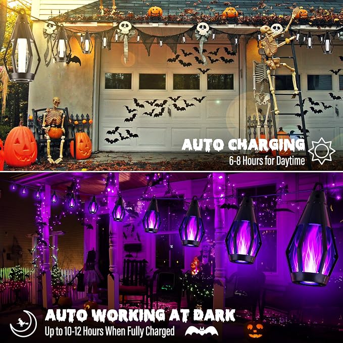 iBaycon Solar Halloween Lights, 27Ft 10 LED Bulbs Flickering Flame String Light, Outdoor Waterproof Solar Flame Lights for Garden Yard Patio Halloween Decorations (Purple)