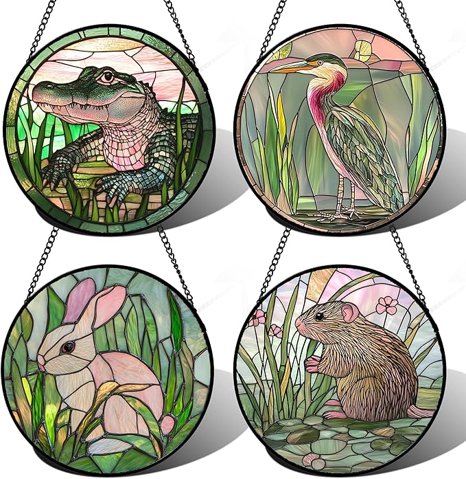 Stained Glass Window Hanging 4 Pcs Set Cute Animal Large 11.8"- Green Plant Pink Suncatcher Door Garden Sun Catcher Decor Birthday Christmas for Mom Woman Nana Men Friend