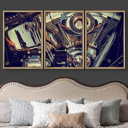 wall26 Framed Canvas Print Wall Art Set Close Up of Chrome Motorcycle Engine Transportation Vehicle Realism Chic Scenic Colorful Ultra for Living Room, Bedroom, Office - 16"x24"x3 Natural