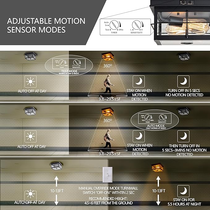 Flush Mount Outdoor Ceiling Light with Motion Sensor, Modern Porch Ceiling Light Fixture, Adjustable Sensor 2-Light Farmhouse Ceiling Mount Lighting with Clear Glass for Patio, House