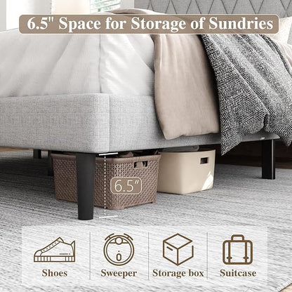 Queen Size Bed Frame with Diamond Tufted Headboard, Linen Upholstered Platform Bed and Wooden Slat Support, Noise-Free, No Box Spring Needed, Easy Assembly, Light Grey