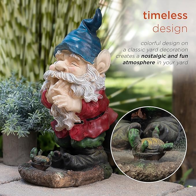 Alpine Corporation 15" Tall Outdoor Garden Gnome Smiling Yard Statue Decoration, Multicolor