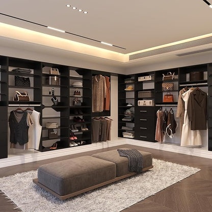 Tall Hanging Closet Unit, Modular Closet System, Wood Closet System Organizer with Storage for Walk In Closets, Clothing Rack Wardrobe Closet for Hanging Clothes, Bedroom, Black, 31.5"W