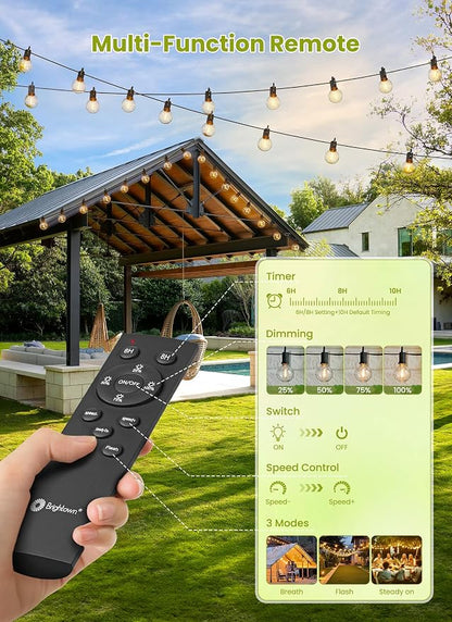 Brightown Solar String Lights Outdoor Waterproof with Remote Cable Ties and Hooks, 37FT Patio Lights with 10 LED Shatterproof Bulbs, 3 Light Modes, Dimmable Hanging Lights for Backyard Party Decor