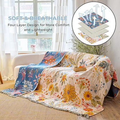 Boho Throw Blanket for Home Decor,Ultra Soft Throw Rustic Classic Quilt,100% Cotton Muslin Blankets for Adults, Reversible Woven Decorative Blanket for Bed Layering Use, Colorful Floral, 50"x60"