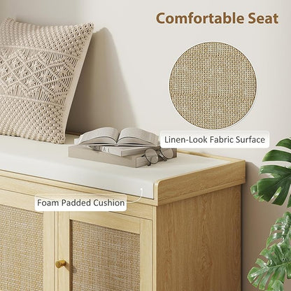 HOMCOM Shoe Bench with Woven Rattan Doors, Shoe Storage Bench with Cushion, Adjustable Shelves for 9 Pairs, Boho Style Entryway Bench for Bedroom, Living Room, 13.8 x 41.3 x 18.5 Inches, Oak Tone