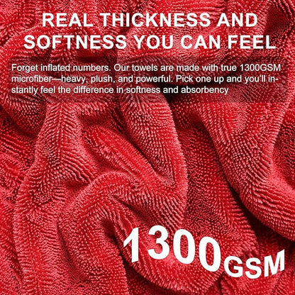 2 Pack XL Car Drying Towel – 1300GSM Ultra Absorbent Microfiber, 24"x36" Large Size, Twisted Loop, Lint-Free & Streak-Free for Auto Detailing, Car, SUV, Truck(Gray-RED)