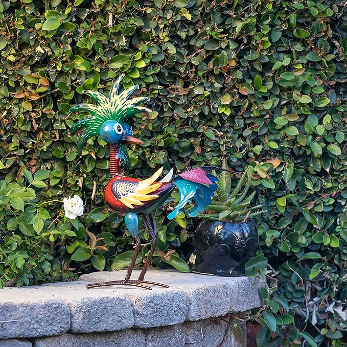 Alpine Corporation - 19" Tall Wild Tropical Metal Rooster Yard Statue – Colorful Indoor/Outdoor Garden Décor, Rustic & Fun Farm Animal for Garden, Patio, Lawn, or Porch