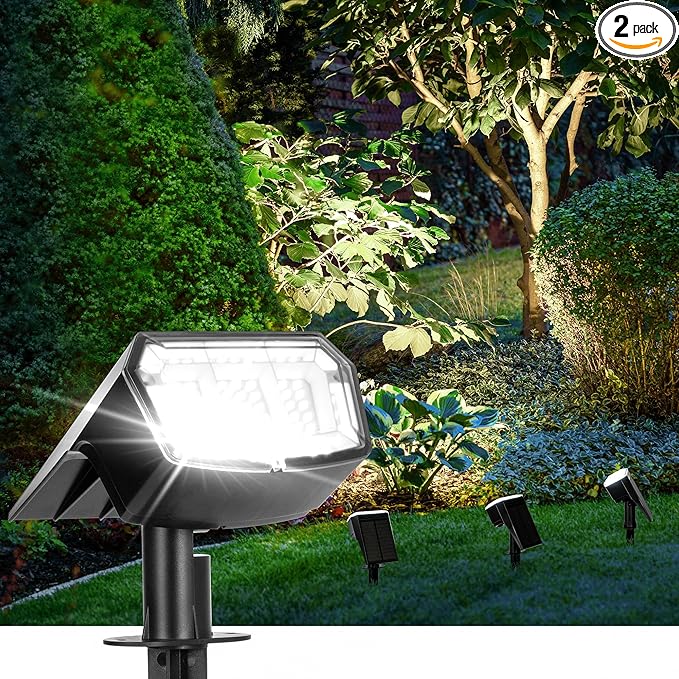 Solar Spot Lights Outdoor Waterproof 2 Pack IP65, 63 LED 3 Lighting Modes Spotlights for Yard Garden House Garage Pathway