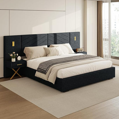 DEINPPA Luxury King Bed Frame with Built-in Gold LED Lights and Nightstands, King Size Platform Bed with Oversize Upholstered Headboard, No Box Spring Needed-Gunmetal Black