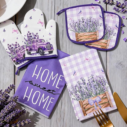 8 Pcs Lavender Spring Kitchen Towels Pot Holders and Oven Mitt Set Kitchen Accessories 4 Dish Towels 2 Absorbent Square Potholders 2 Heat Resistant Glove for Cooking Baking Home Gifting