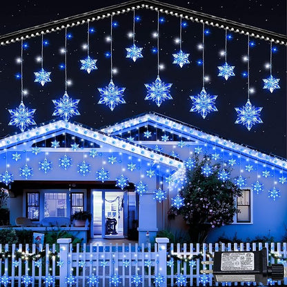 Christmas Snowflake Lights Outdoor,8.2 FT 144 LED Snowflake Icicle Lights with 12 Drops,8 Modes Timer Waterproof Connectable Xmas Light for Eaves,Windows,Curtain,Indoor Outdoor(Blue White)