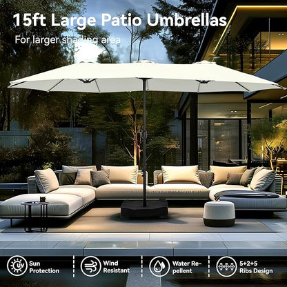 PHI VILLA 15ft Large Patio Umbrellas with Base Included, Outdoor Double-Sided Rectangle Market Umbrella with Stand, Outside Umbrellas for Poolside Lawn Backyard, Ivory