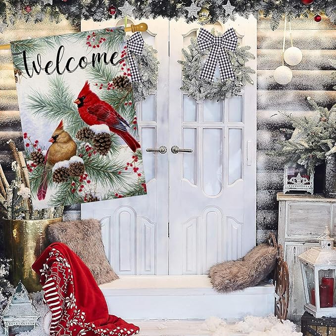 Welcome Winter House Flags for Outdoor Decoration, Christams Cardinal Pine Twigs Berry Large Yard Flag, Decorative Xmas Seasonal Farmhouse Holiday Outside Decor 28x40 Inch Vertical Double Sided