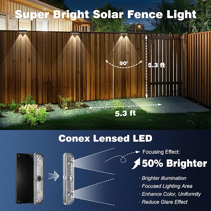 Peasur 8 Pack Solar Fence Lights Outdoor, Deck Light Solar Powered, IP65 Waterproof Led Riling Solar Lights for Outside Yard Step, Cool White