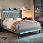 Allewie Upholstered Full Size Platform Bed Frame with LED Light and Charging Station, Button Tufted High Headboard, Wingback Design, Noise Free, Easy Assembly, No Box Spring Needed, Grey