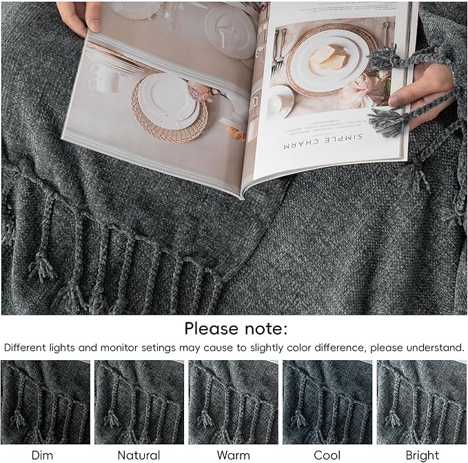 BATTILO HOME Dark Gray Throw Blanket for Couch Bed Sofa, Soft Cozy Grey Chenille Throw Blanket with Fringe Tassels, Lightweight Knit Throw Blanket for Home Decor, 50"x60"