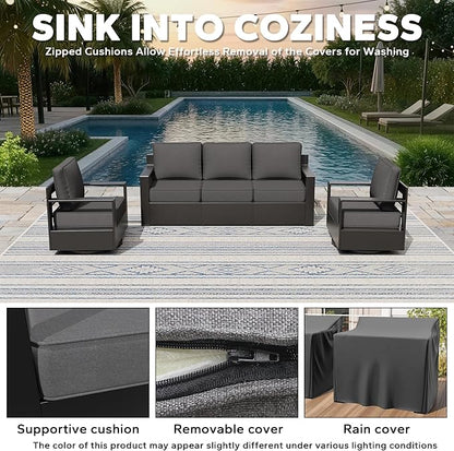 Aluminum Patio 79" Sofa Set with 2 Swivel Rocker Chairs, All Weather Outdoor Conversation Furniture with Metal Armrest & 6" Removable Cushions & Furniture Covers for Deck (Grey)