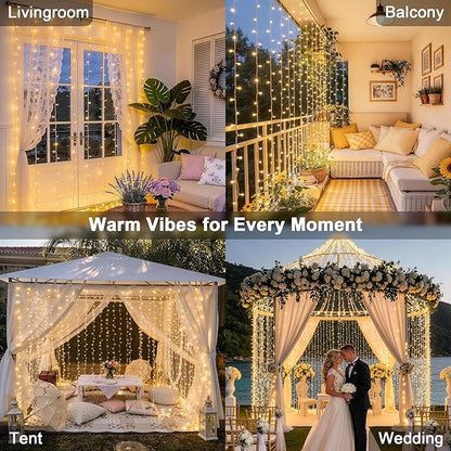 JMEXSUSS 600 LED Curtain Lights Outdoor, 9.5ft x 19.6ft Window Hanging Lights with Remote, Plug in, 8 Modes, Indoor String Lights for Bedroom, Wall, Xmas, Party, Backdrop, Wedding Decor, Warm White