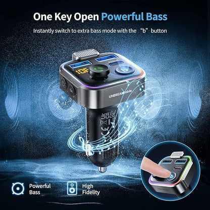 UNBREAKcable Bluetooth FM Transmitter for Car, PD 38W Fast Charging, Wireless Bluetooth FM Radio Adapter, Car Kit with Hands-Free Calls, HiFi Bass Boost MP3 Music Player Support USB Drive