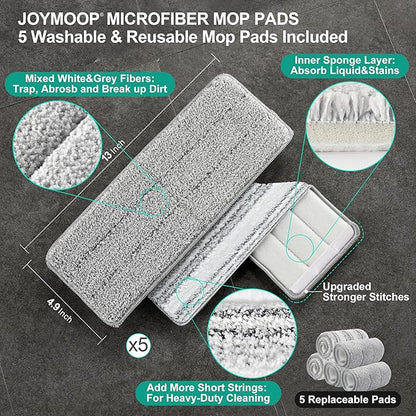 JOYMOOP Mop and Bucket with Wringer Set, Hands Free Flat Floor Mop and Bucket, with 5 Washable Microfiber Pads, Wet and Dry Use, Floor Cleaning System
