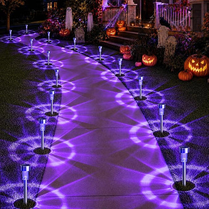 GIGALUMI Purple Solar Pathway Lights, 20-Pack Outdoor Halloween Decor | Waterproof LED stainless stakes for yard, garden & driveway. Purple glow sets spooky mood. Durable & easy install.