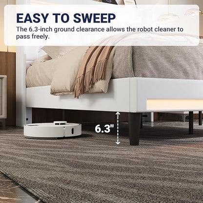 Allewie Upholstered Queen Size Platform Bed Frame with LED Light and Charging Station, Button Tufted High Headboard, Wingback Design, Noise Free, Easy Assembly, No Box Spring Needed, White