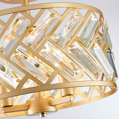 Shrine Lighting Crystal Ceiling Light, Gold Crystal Chandelier for Living Room, D12.4'' x H11.2'', E12*3 Sockets, Ctystal Lampshade & Gold Finish Frame