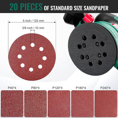 Orbital Sander 3.8Amp 450W, HYCHIKA 6 Variable Speeds Double Handle Palm Random Orbit Power Sander, 5-Inch Electric Sander with 20pcs Sandpapers, Dust Collector for Woodworking