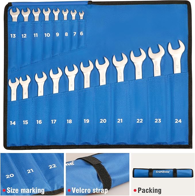 19-Piece Combination Wrench Sets CR-V Metric Wrench Set 6-24mm Box and Open End Wrench Set 12-Point with Rolling Pouch Industrial for Workshop Outdoor Diy Repair