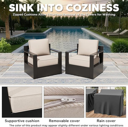 Aluminum Patio Chairs Set of 2, All Weather Use Outdoor Dining Chairs with Rectangular Framed Metal Armrest & 6" Fade-Resistant Cushions & Chair Covers for Deck Balcony Backyard (Beige)