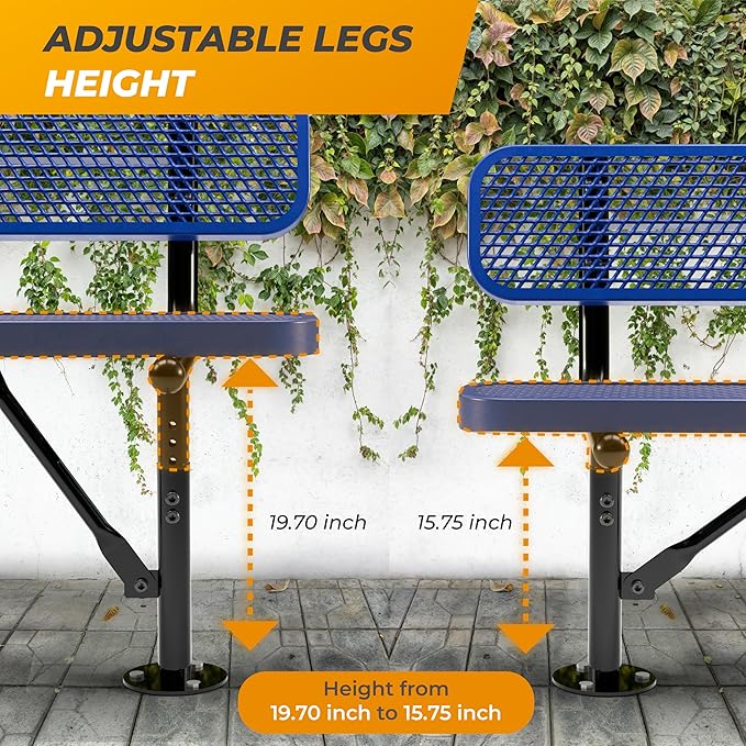 Heavy-Duty Outdoor Metal Bench, Thermoplastic-Coated, Surface, Weatherproof, Commercial-Grade for Parks, Gardens, Patios, Stores & More (6 Ft - Surface with Back, Blue)