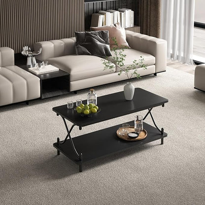 VECELO 39-Inch Coffee Table with Storage and Open Shelves for Living Dining Room, Modern Rectangle & Industrial Design, X-Shape Frame, Black
