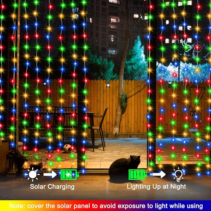 echosari Solar Curtain Lights 7.9ft x 6ft 144 LED Outdoor Curtain Lights Waterproof with Timer 8 Modes for Christmas Garden Patio Fence Wedding Wall Window Gazebo Decor - Multicolor