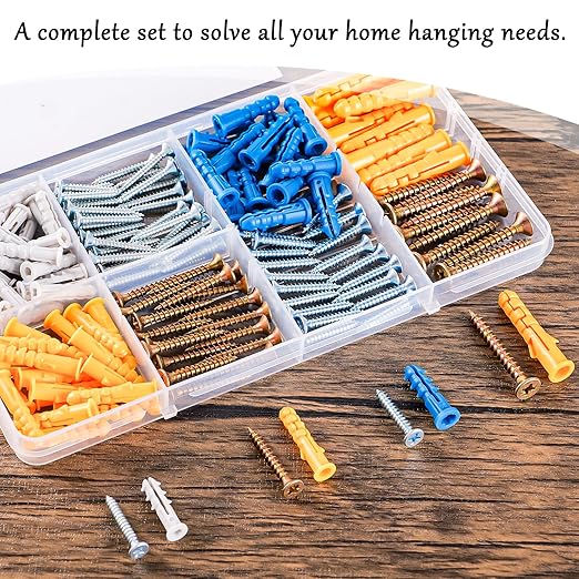 KURUI Wall Anchors Kit for Hanging Wall Art Decor, 160Pcs Drywall Anchors Assortment Kit for Frame Shelf Decorations, Plant Hooks, 135 Screws and 135 Plugs, Picture Hangers for Drywall Concrete Brick