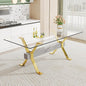 79" Glass Dining Table, Modern Kitchen Table, Modern Dining Table for 8, 0.5" Thick Tempered Glass Tabletop with Gold Chrome Metal Legs and Grey Crossbar, Ideal for Dining Room, Kitchen