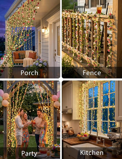 suddus 300 LED Artificial Flower Garland Pothos Vines Curtain Lights, Rose Vines Fairy Lights for Bedroom, Hanging String Lights for Wall, Room, Dorm, Wedding, Party, Indoor Decor 6.8ft x 6.5ft