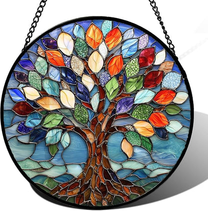 Stained Glass Window Hanging, Colorful Tree of Life Sun Catchers Glass Panel Blue Suncatcher Decor for Birthday for Women, Men, Wife, Aunt, and Mom 14.9x14.9 in