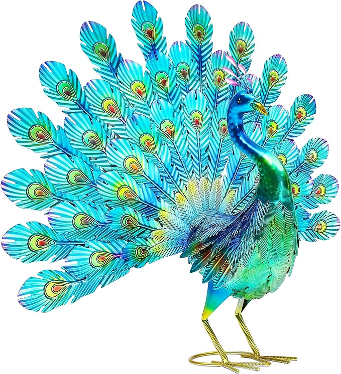 27.5" Tall Metal Peacock Garden Statue - Handmade, 3D Textured, Tail Spread Sculptures for Patio, Garden or Entryway.