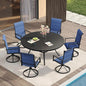 VICLLAX 7 Pieces Patio Dining Set for 6-Outdoor Furniture Includes 53" Round Outdoor Table and Swivel Padded Chairs, Black Tabletop and Blue Fabric
