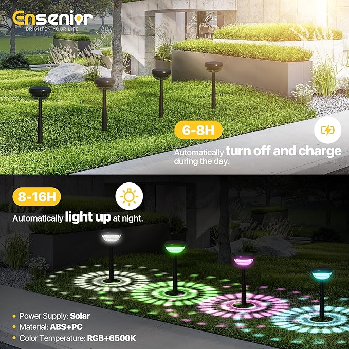 Ensenior Color Changing Solar Lights Outdoor, Auto ON/Off 6500K White Light & RGB LED Solar Garden Lights for Pathway, Yard, Patio, Waterproof, Energy-Efficient Landscape Lighting, 10-Pack